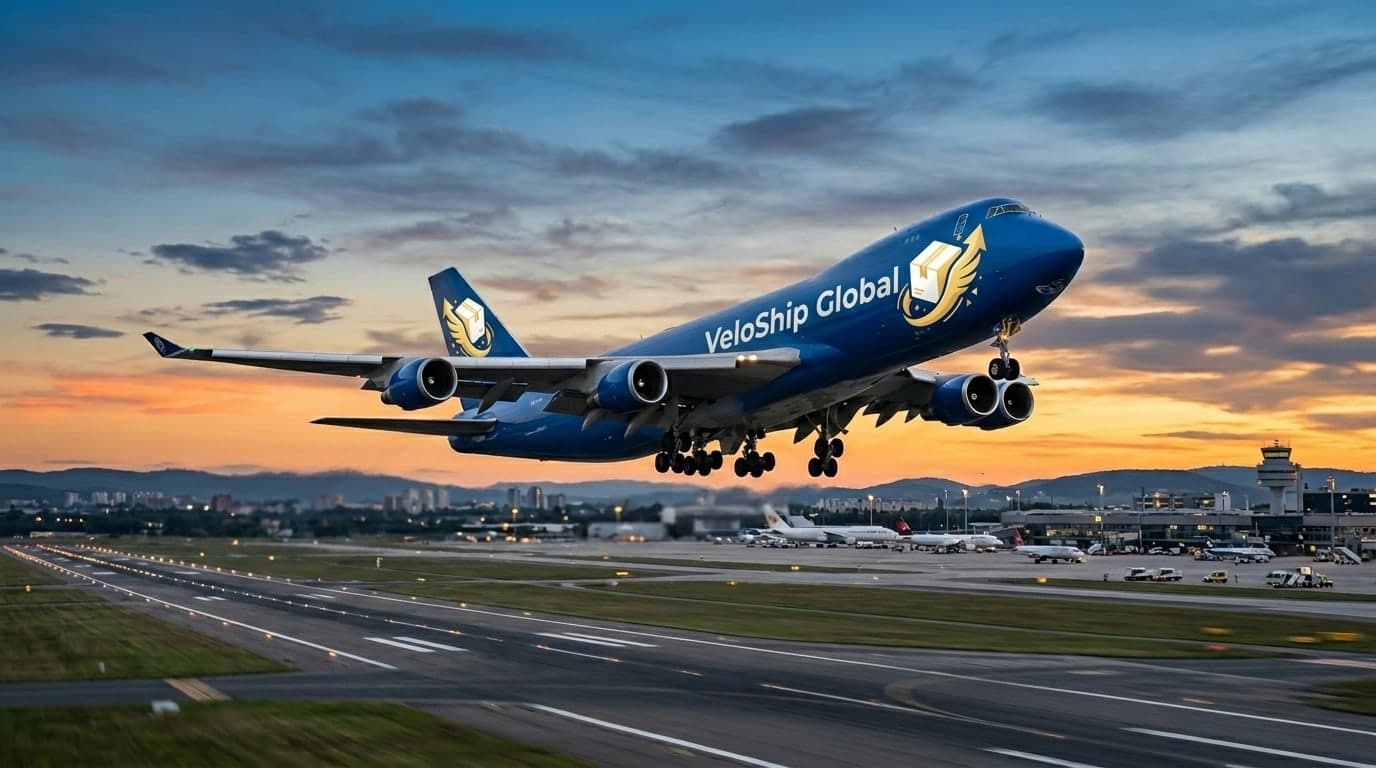 VeloShip Global liveried cargo aircraft taking off at dusk
