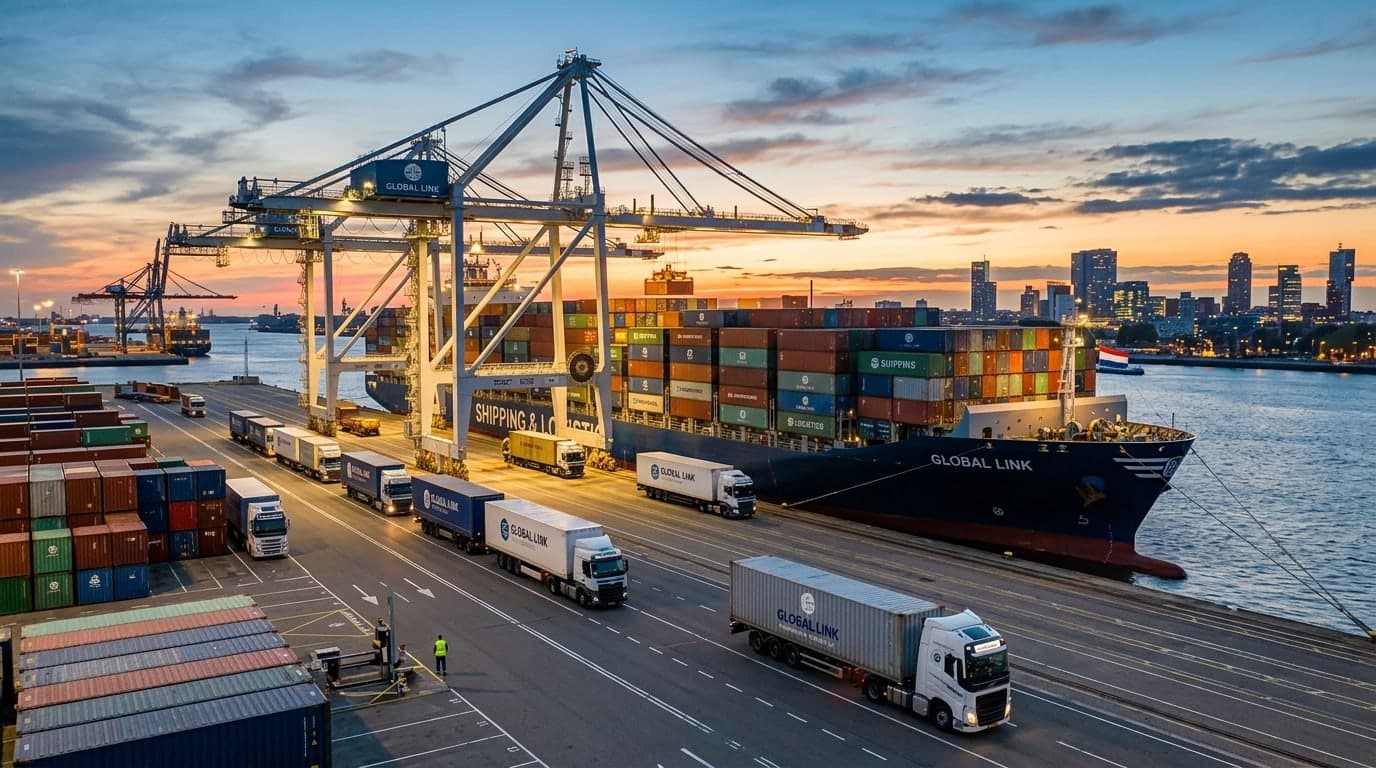 Container terminal with trucks and gantry cranes at dusk